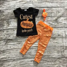 Automne Halloween vêtements plus mignon citrouille court manches orange noir Paillettes costume enfants boutique long pantalon avec correspondant arc ensemble