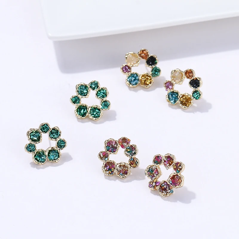 Yhpup Trendy Korean Flower Geometric Stud Earrings Natural Colorful Crushed Stone S925 Brincos for Girl Women Party Jewelry Gift