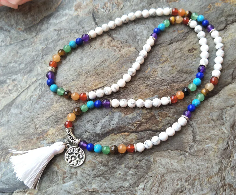 

5 Strands Natural 7 Chakras crystal howlite Stone Beads with Tassel Knot Handmade Boho Women Jewelry Necklaces NK102-1