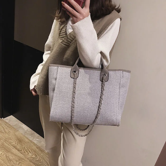 Женская Большая вместительная Повседневная парусиновая сумка, многофункциональная ручная сумка с цепочкой, модная сумка на плечо для отдыха, прогулочная сумка для покупок - Цвет: gray