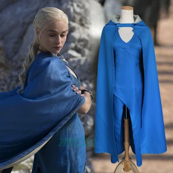 

Game of Thrones Targaryen Daenerys Cosplay Costume The Mother of Dragons Costume Blue Dress with Cape Female Halloween Women
