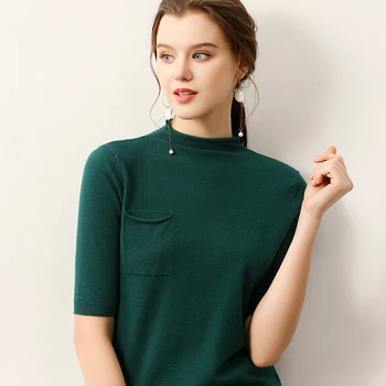

Wool Knitted Sweater With Pocket Shirt 2019 New Summer Turtleneck Short Sleeve Pullovers Slim-fit Tight Sweater Female Green