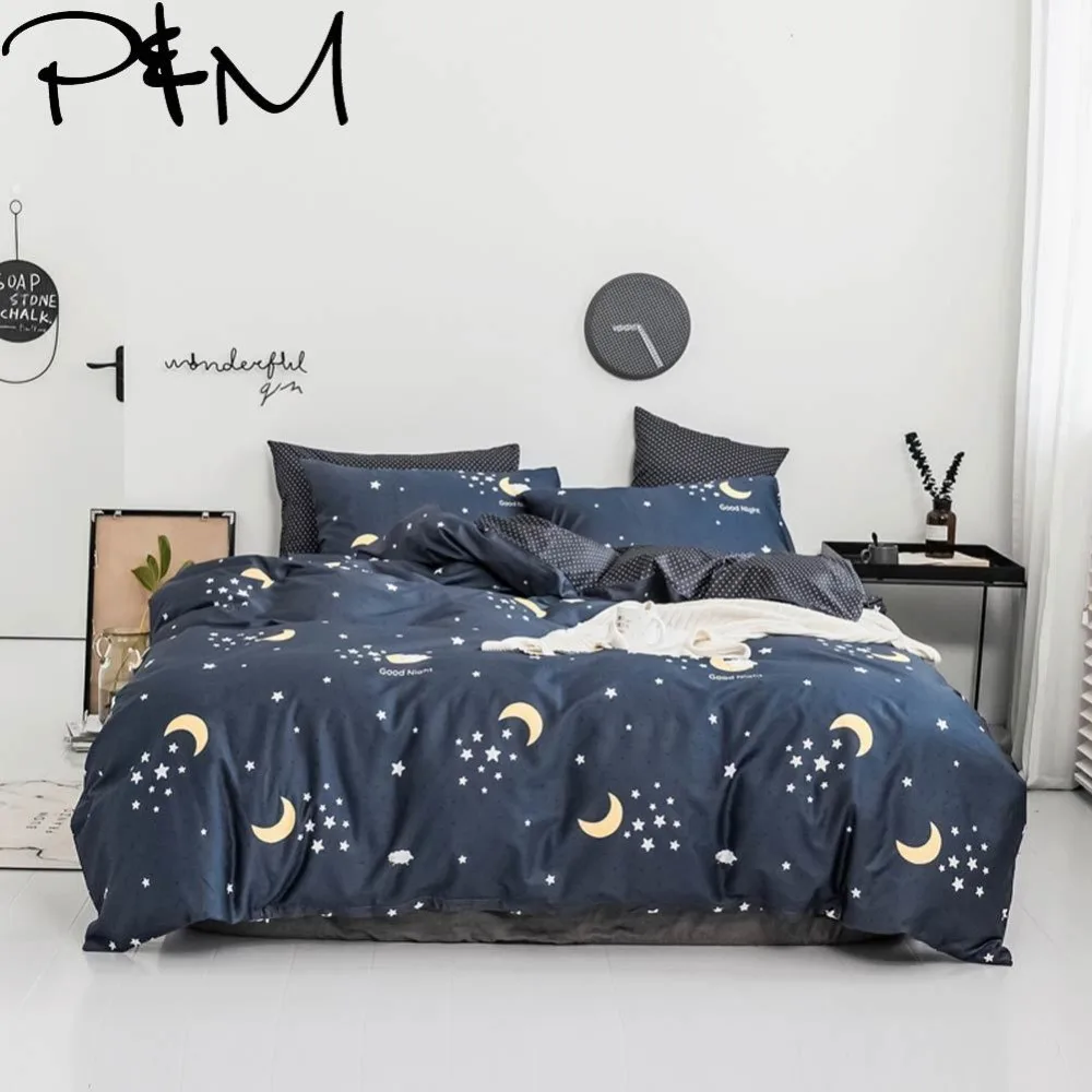 

PAPA&MIMA Star and moon print Modern style bedding sets cotton Twin Single Queen King Size duvet cover set bedsheet pillowcases