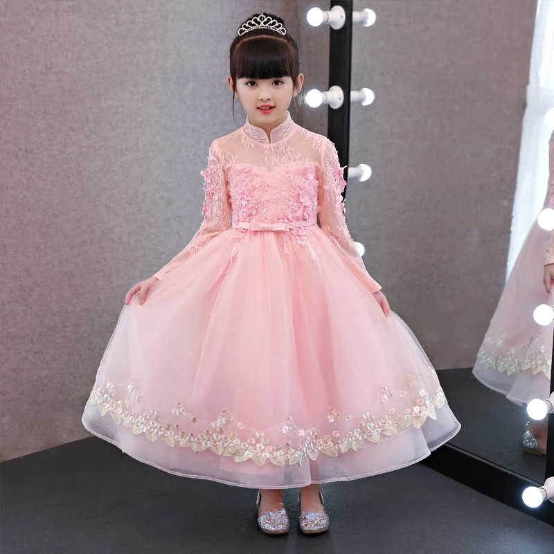 

Children Girls Elegant Sweet Pink Color Birthday Evening Party Long Dress New Luxury Kids Wedding Ball Gown Lace Flowers Dress