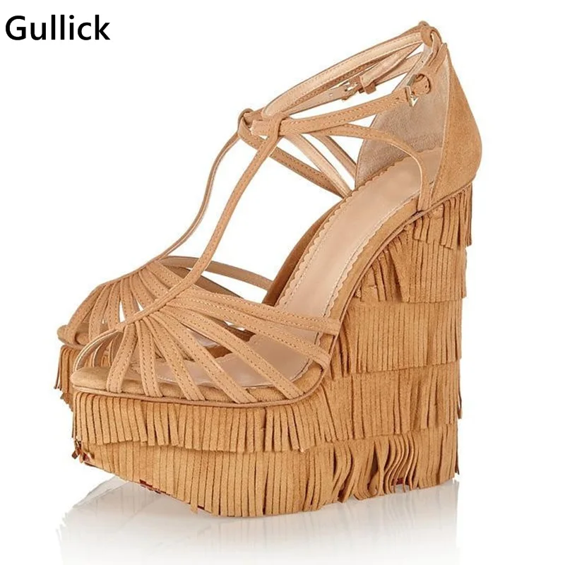 

Gullick Fashion Fringed Strappy Super High Wedges Gladiator Sandals Cut-Outs Cover Heel Platform Pumps Woman Big Size Real Photo