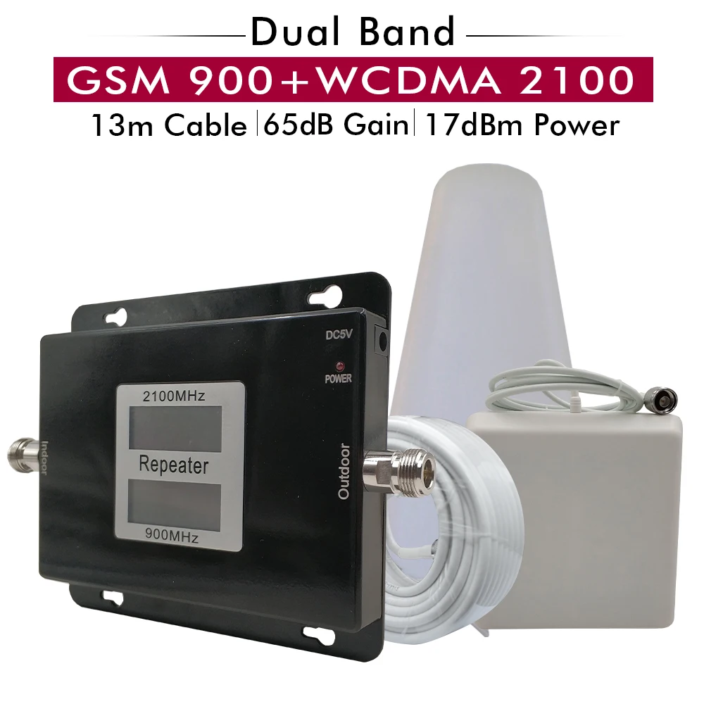

65dB Lcd display Dual Band Booster 2G GSM 900mhz 3G UMTS WCDMA 2100mhz Cell Phone Signal Repeater Cellular Amplifier Antenna Set