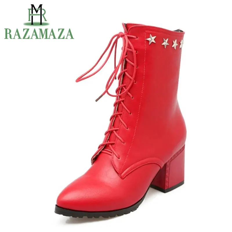 

RAZAMAZA Plus Size 32-49 Ladies High Heels Mid Calf Boots Women Sexy Pointed Toe Cross Strap Zip Shoes Women Winter Warm Botas
