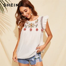 SHEIN Cute Boho White Ruffle Trim Pompom Detail Floral Embroidery Top Blouse Women O-Neck Sleeveless Keyhole Back Ruffle Blouses knot detail floral blouse with shorts