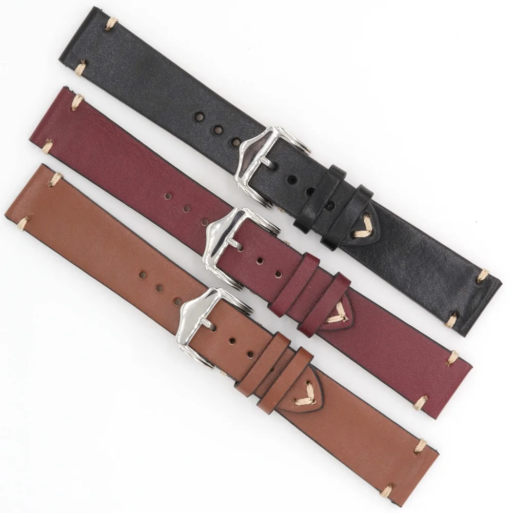 

Wholesale 20 22mm Black Watchband Dark Red Brown Handmade Stitches Cowhide Leather Wristband Strap Band With Silver Pin Buckle