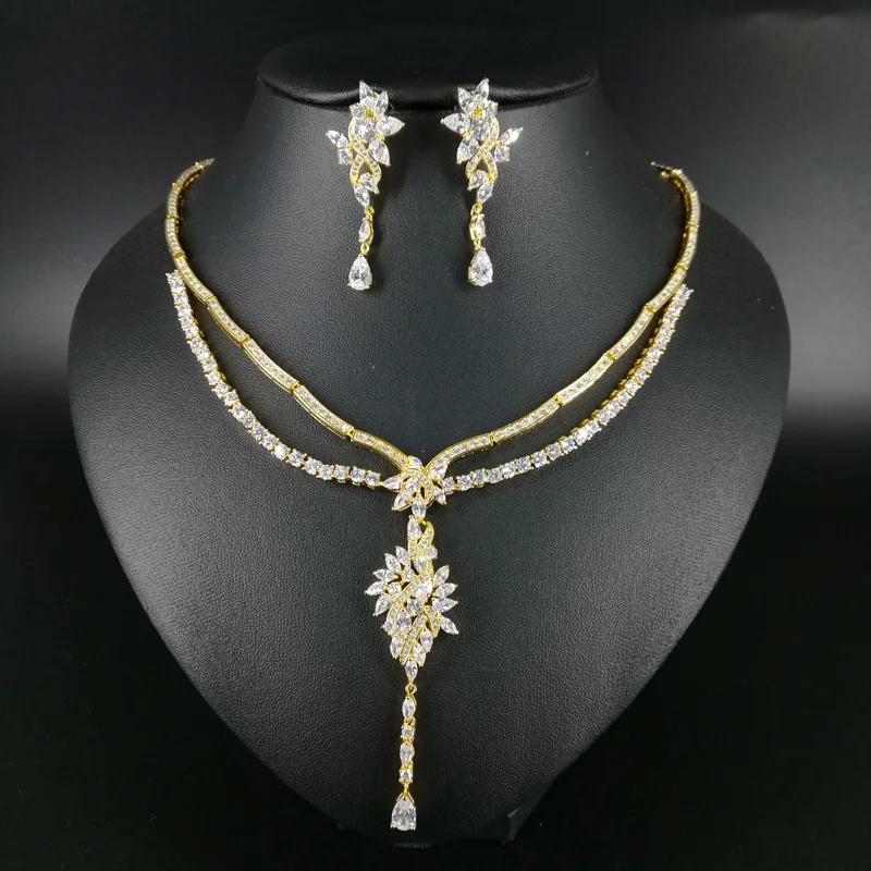 

2019 new fashion luxury elegant retro double layer crystal CZ necklace earring set,wedding bride dinner party formal jewelry set