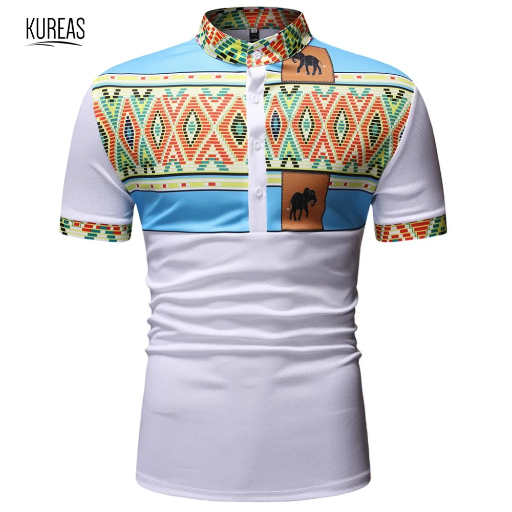 

Kureas Men African Clothes Dashiki T Shirt Traditional Short Sleeve Polo Shirts Tribal Fashion Tops Summer White Blouse