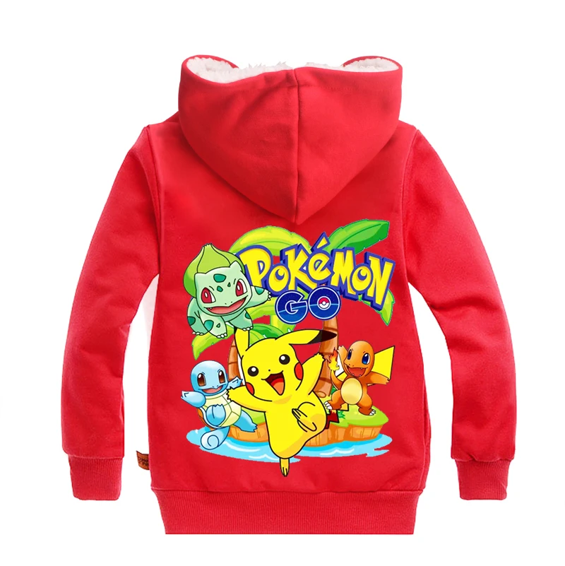 Beste Z Y 2 14Y Winter Pokemon Gaan Hoodies Kids Jas met Rits Wol Liner Jongens Jas Thicken Hooded Bont Baby meisje Pikachu Uitloper