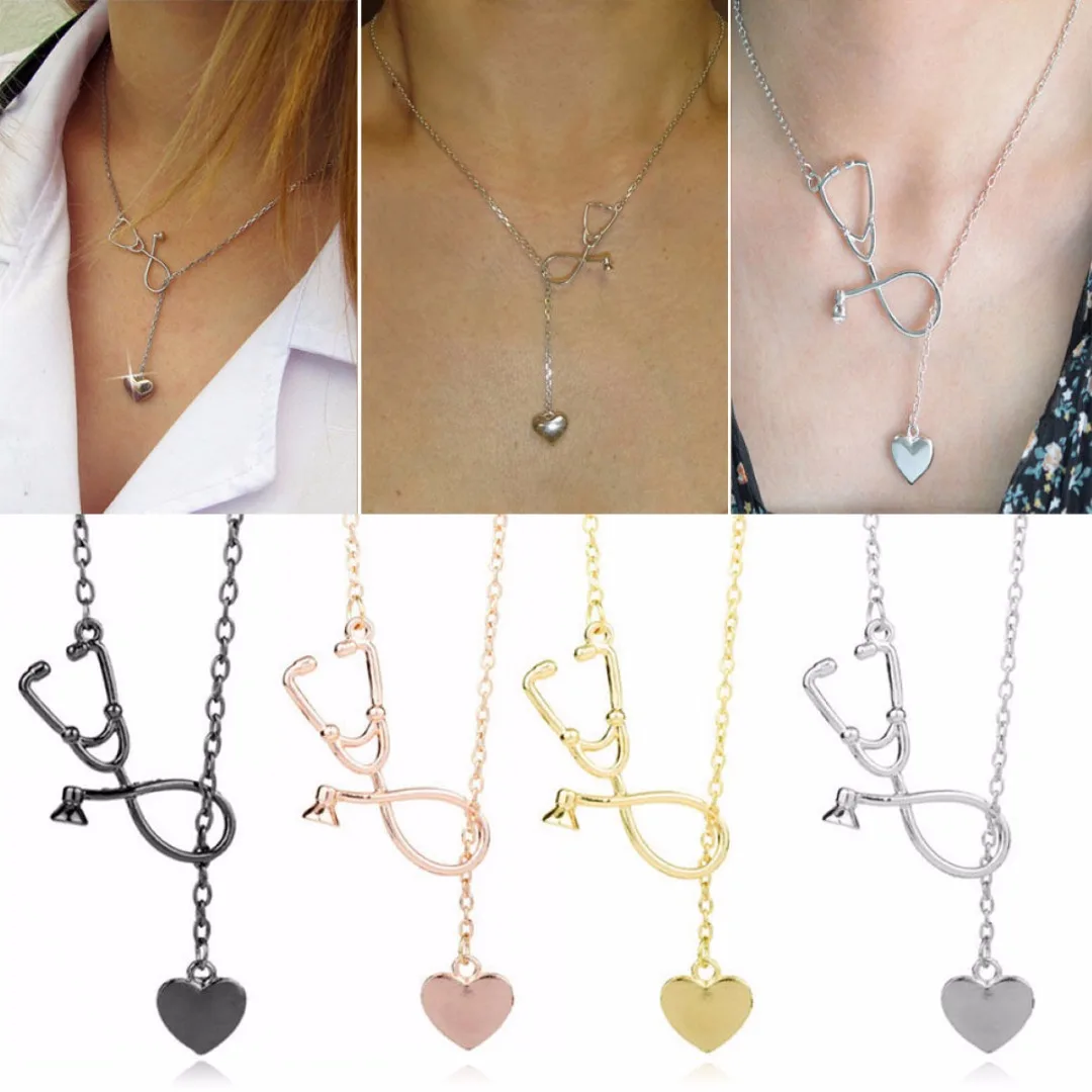 4 Colors Doctor Nurse Stethoscope Lariat Heart Pendant Chain Necklace Jewelry