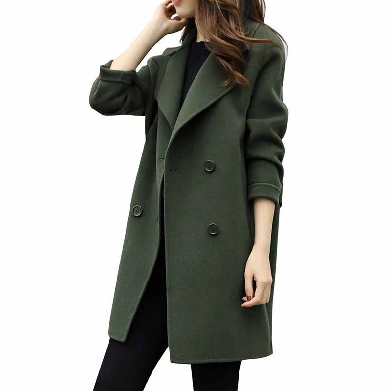 

Autumn Elegant Women Lapel Long Sleeve Woolen Trench Coat Turn Down Collar Slim Double Breasted Trench Coats OL Female Overcoat