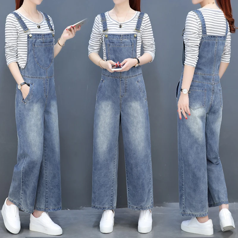 

2019 Womens Denim Overalls Solid Jeans Jumpsuits Office Casual Loose Pocket Sleeveless Wide Leg Rompers