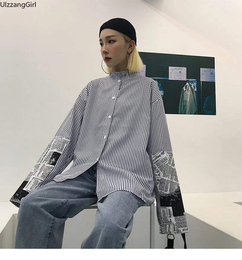 

Hiphop Streetwear Stripe Newspaper Print Button Blouse Oversized Loose Long Sleeve Shirt Korean Harajuku Top Japanese Men/Women
