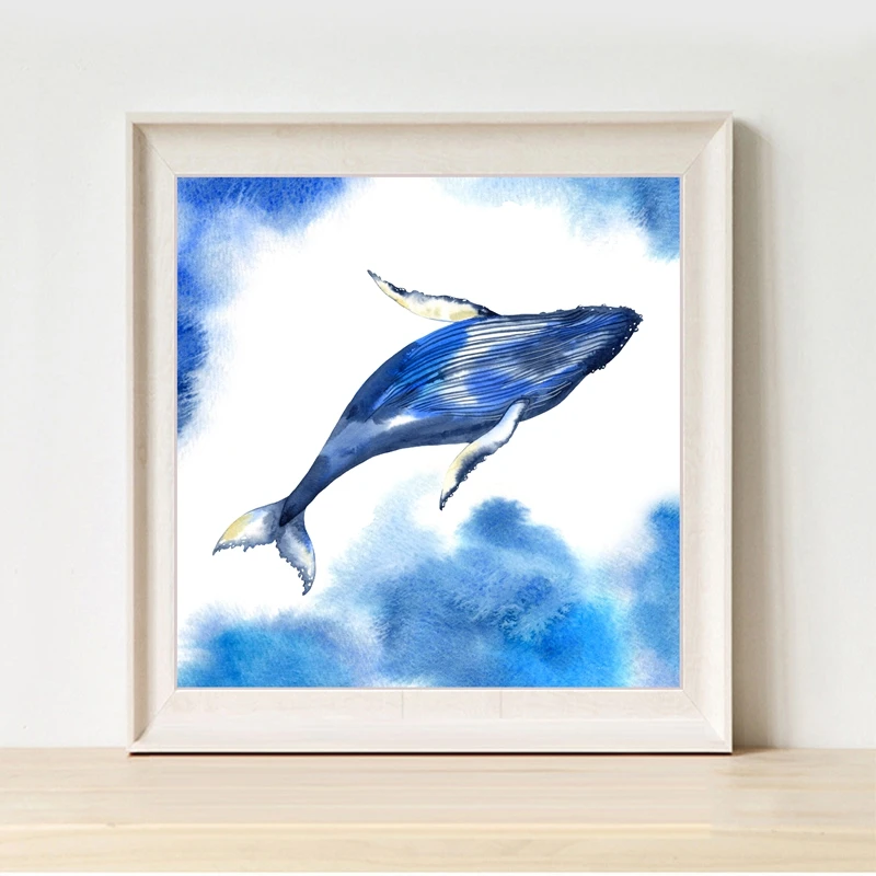 Watercolor Blue Whale Canvas Art Print Poster Wall Pictures For Home