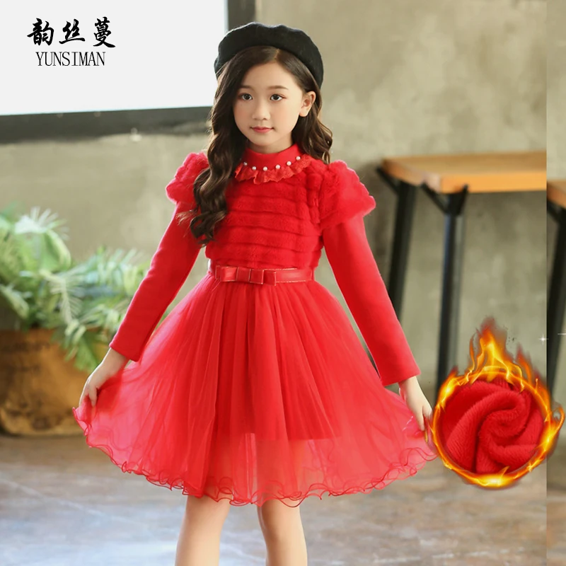 

Winter Kids Girls Warm Dresses Size 6 7 8 9 10 11 12 Y Long Sleeve Thicken Red Mesh Party Princess Costume Christmas Dress 8A4A