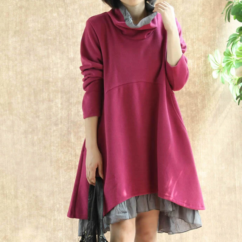 

Maternity Clothing Cotton Faux Two Piece Loose-Waisted Turtleneck Long Sleeve Length Maternity Dress Clothes for Pregnant Women
