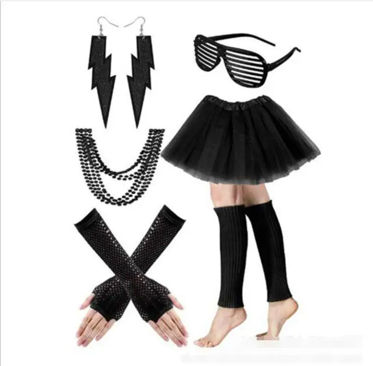 80's Lace Headband Neon Earrings Fingerless Fishnet Gloves for 80's Party 3