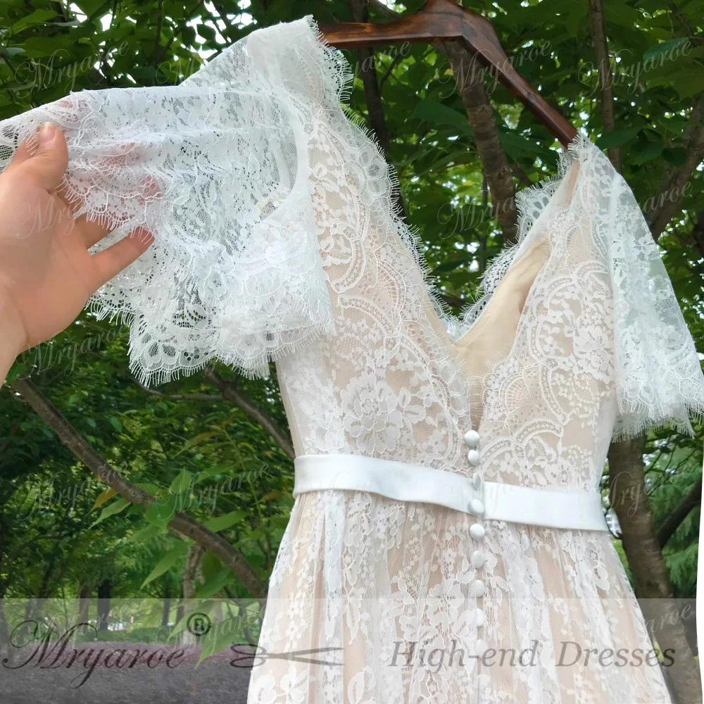 Mryarce New Arrival Flare Sleeves Lace Bohemian Garden Wedding Dress V Neck A Line Open Back Boho Bridal Gowns 3