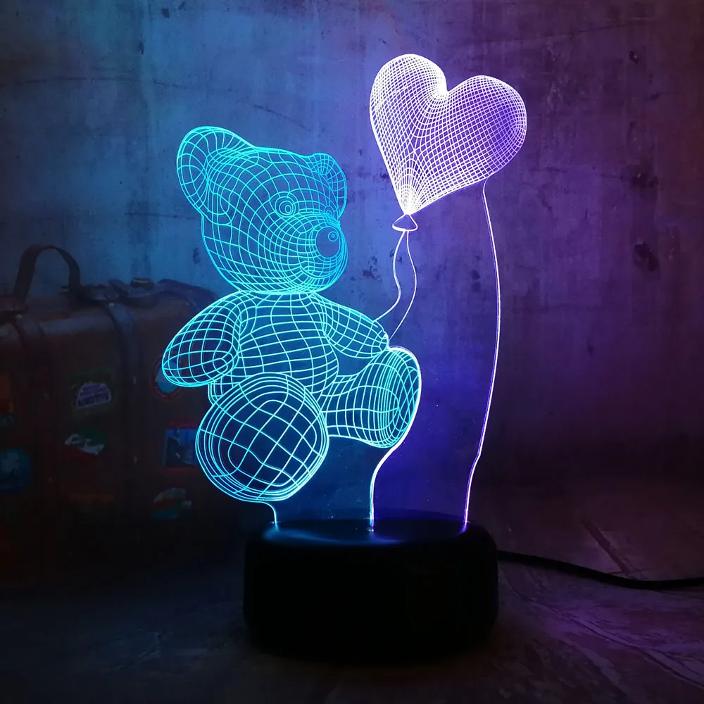 Романтический плюшевый мишка удерживающий сердце 7 цветов Смешанные Двойные Цвета подарок подруге 3D светодиодный ночник Lihgt домашний декор новинка блеск настольная лампа