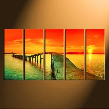 

5 Piece Canvas Wall Art, Orange Sky Huge Pictures, Panoramic Multi Panel Canvas, Ocean Bridge Canvas Photography, Sea Decor