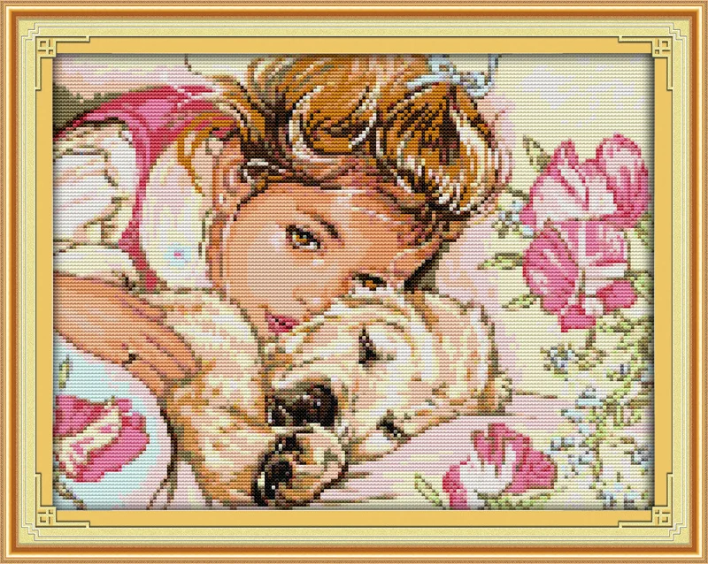 

The beautiful girl and dog Printed Canvas DMC Counted Chinese Cross Stitch Kits printed Cross-stitch set Embroidery Needlework