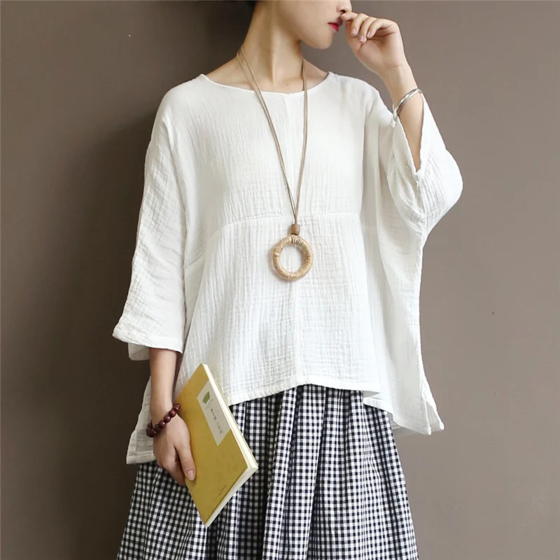 

Johnature 2019 Summer New O-Neck Plus Size Women White T-Shirts Double Cotton Bat Sleeve Women Cloths Vintage Patchwork T-Shirts