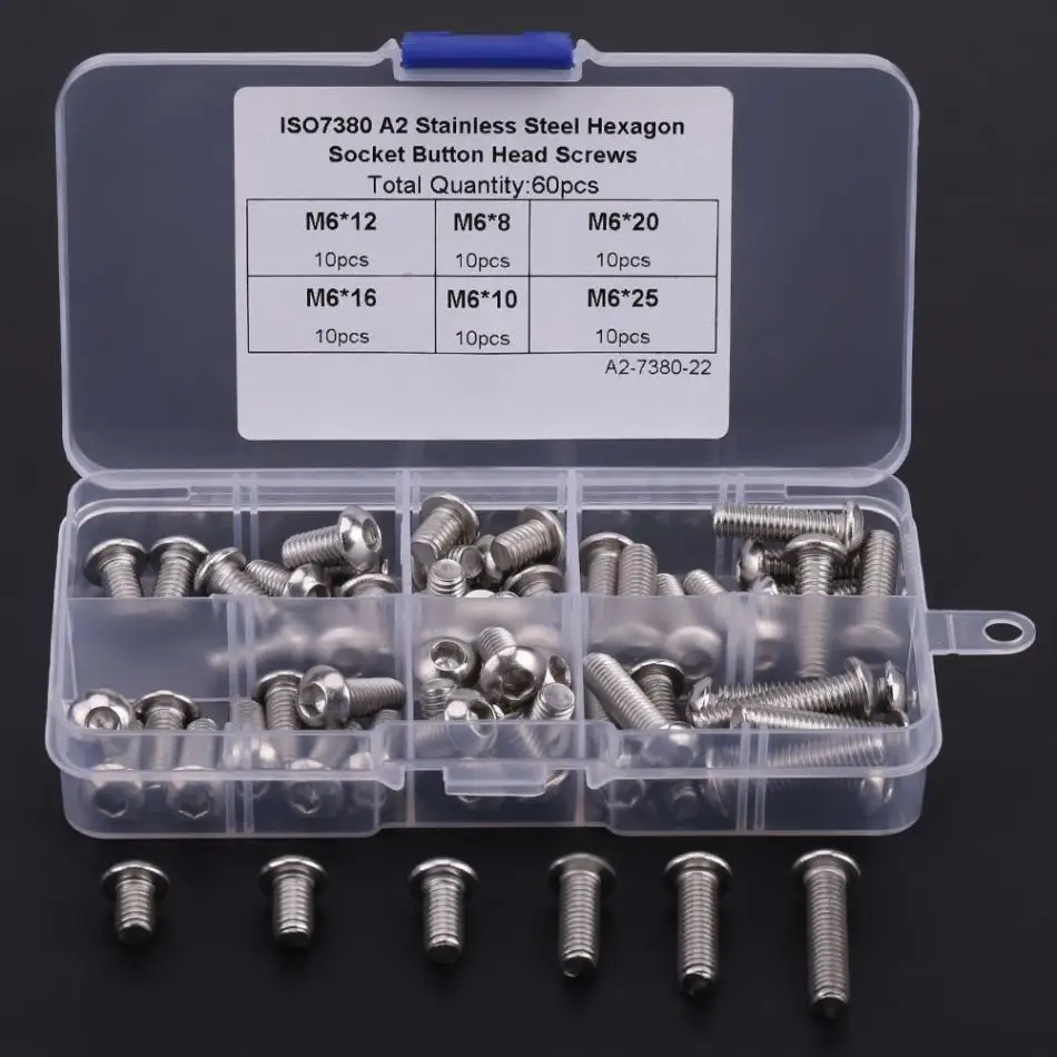 

60Pcs M6 Stainless Steel Screw Hex Socket Button Head Screws Assortment Kit with Box Fasteners tornillos