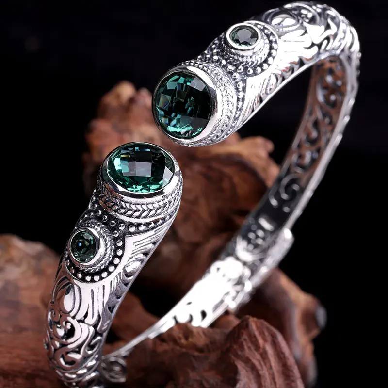 Горячая Распродажа, Национальный стиль, зеленый браслет с кристаллами, настоящий серебряный браслет, S925 чистый серебряный браслет, Классические серебряные красивые браслеты