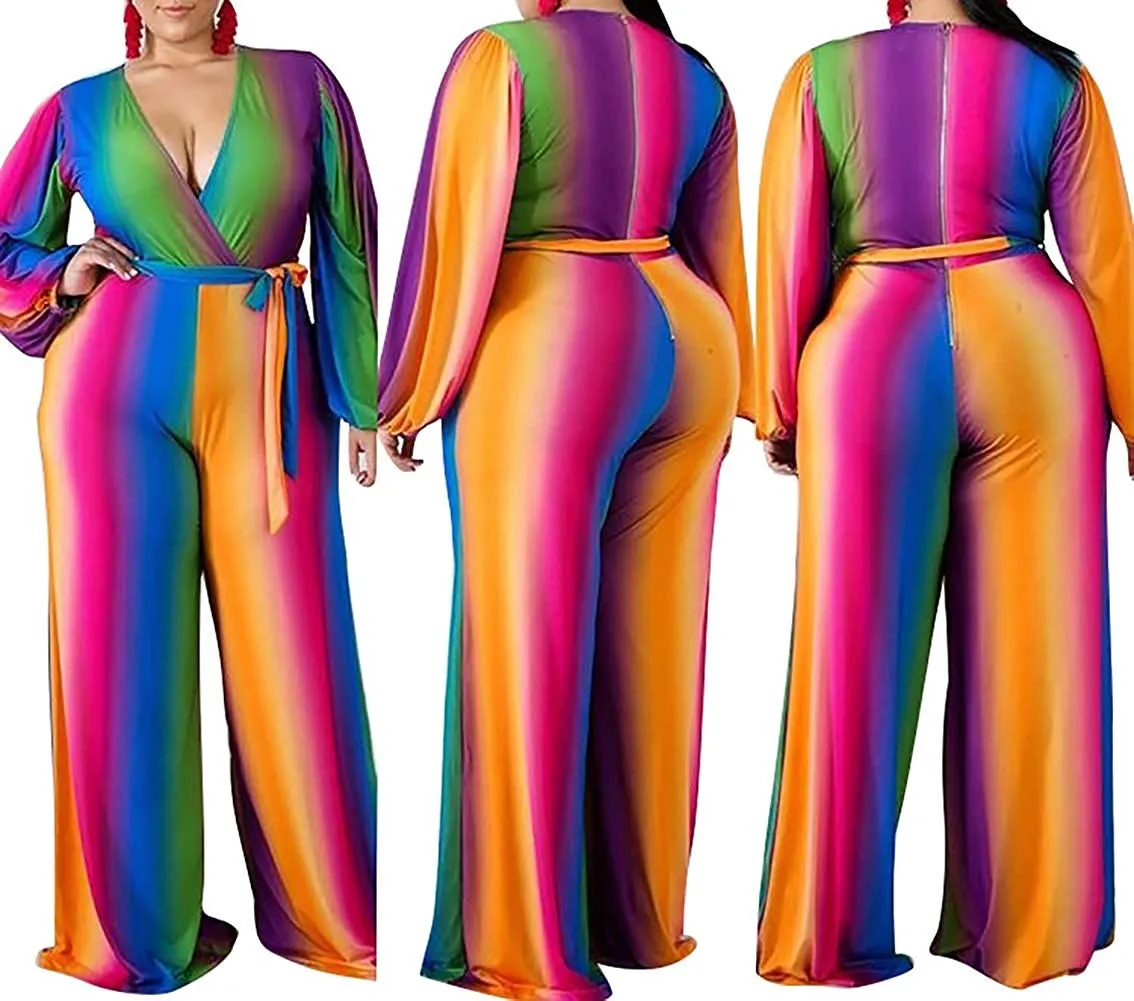 

Women Long Sleeve Loose Wide Leg Trouser Jumpsuit Sashes Sexy V Neck Party Clubwear Rompers