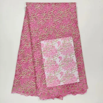 

2019 High Quality African Lace Fabric Emerald pink French Net Embroidery Beaded Tulle Lace Fabric For Nigerian party Dress Gold