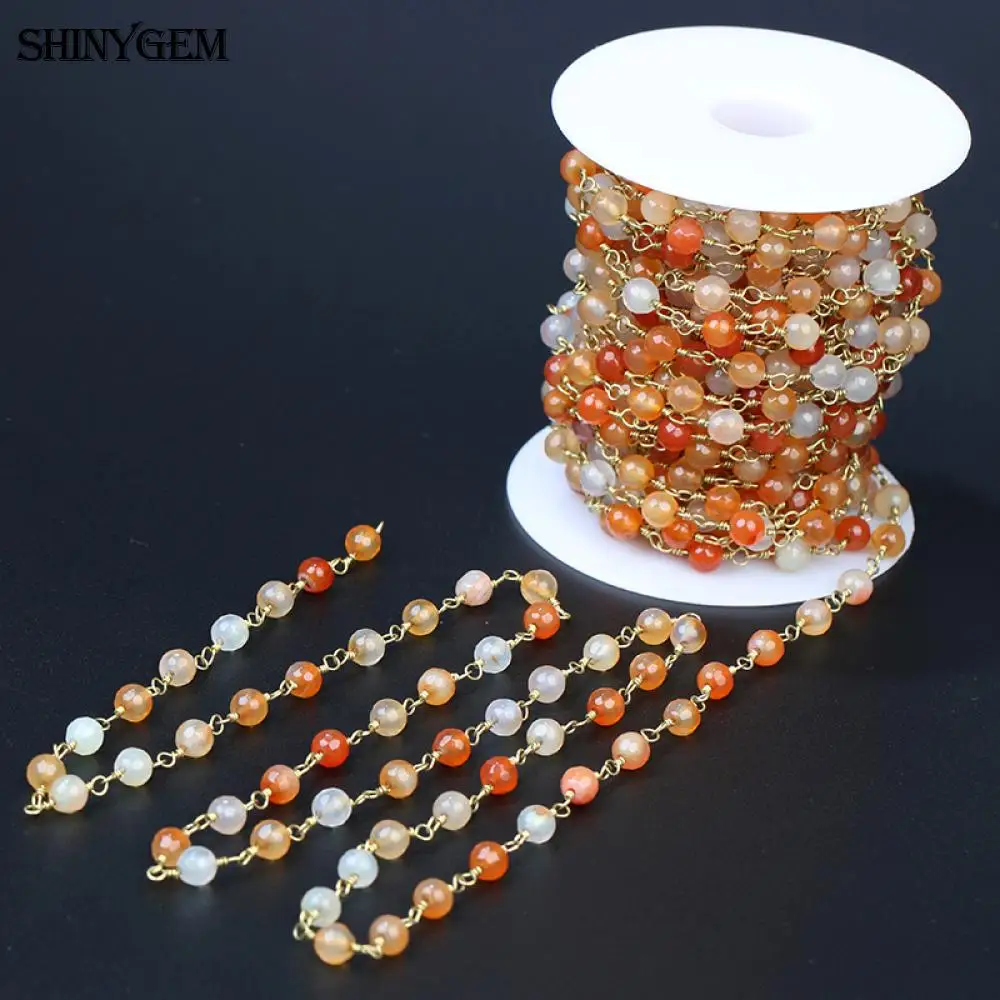 ShinyGem 6 мм круглый шарик цепочка для изготовления ювелирных изделий натуральный кристалл/агат/нефрит Позолоченные Стразы четки цепочка из бисера 5 м/лот - Цвет: Orange Red White