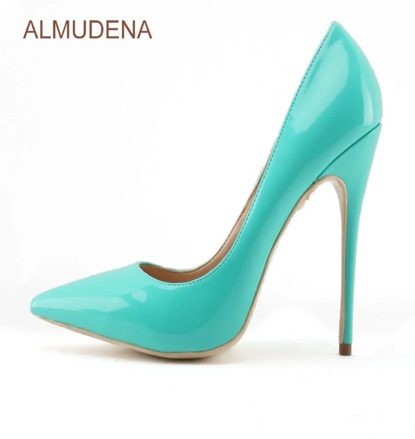 ALMUDENA Women Popular Luxury Turquoise Color Patent Leather Pumps