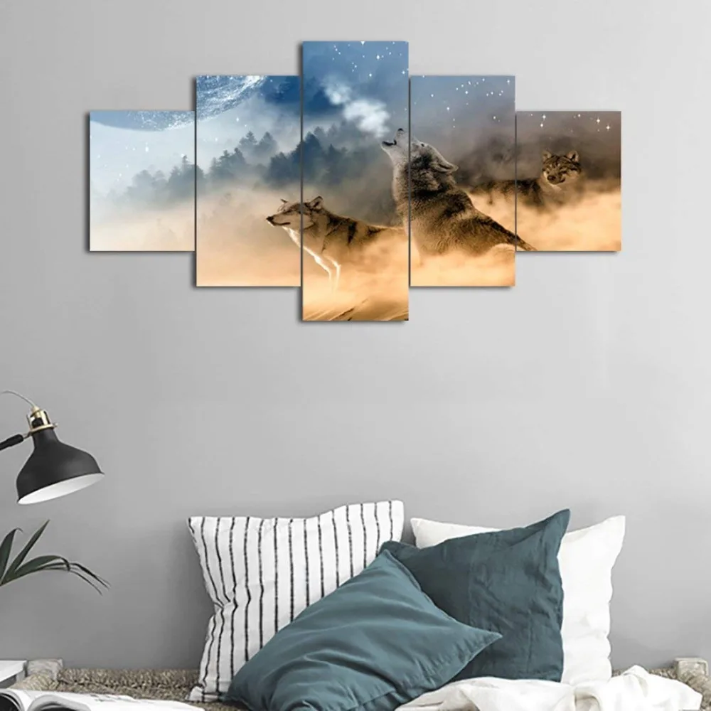 HD Prints Canvas Wall Art Poster Living Room Decor Pictures 5 Piece Winter Misty Morning Forest Wolves Animal Painting Framework | Дом и сад