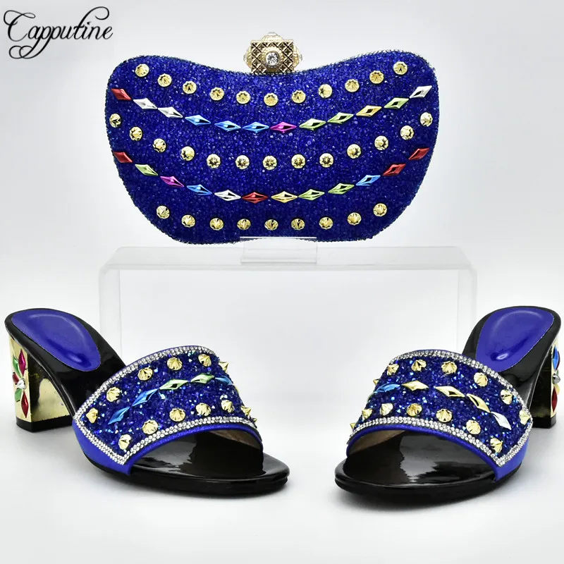 

Capputine African Design Rhinestones Royal Blue Shoes And Bag Set For Wedding Italian Style High Heels Shoes And Purse DF-01