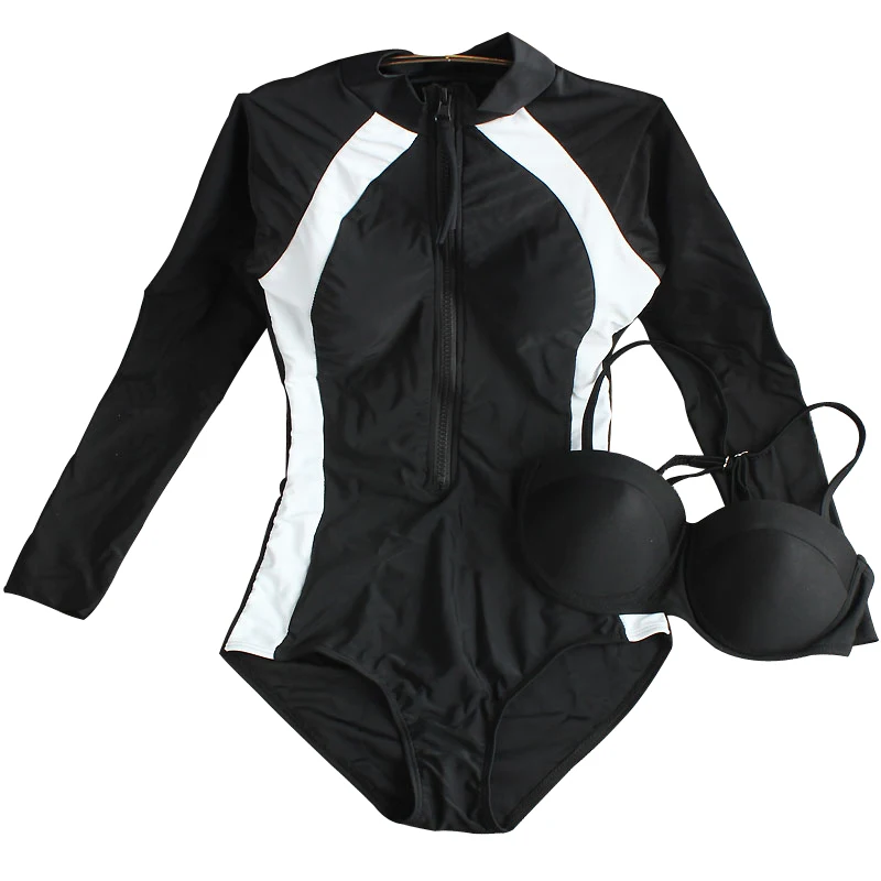 Женский цельный купальник с длинным рукавом, сексуальный женский купальник пуш-ап, спортивный тонкий купальный костюм на косточках, купальный пляжный костюм