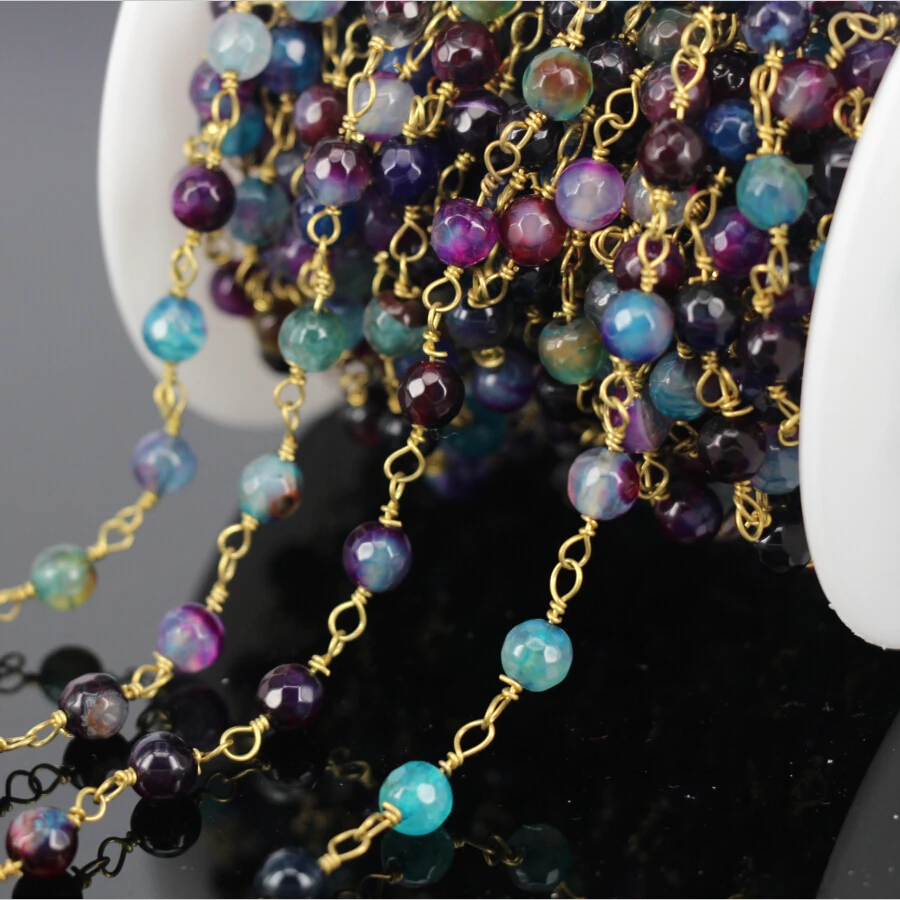 

5Meter plated Wire Wrapped Rosary Chain,Purple Green Blue Jade Faceted Bead Chain,Necklace bracelet Jewelry Findings