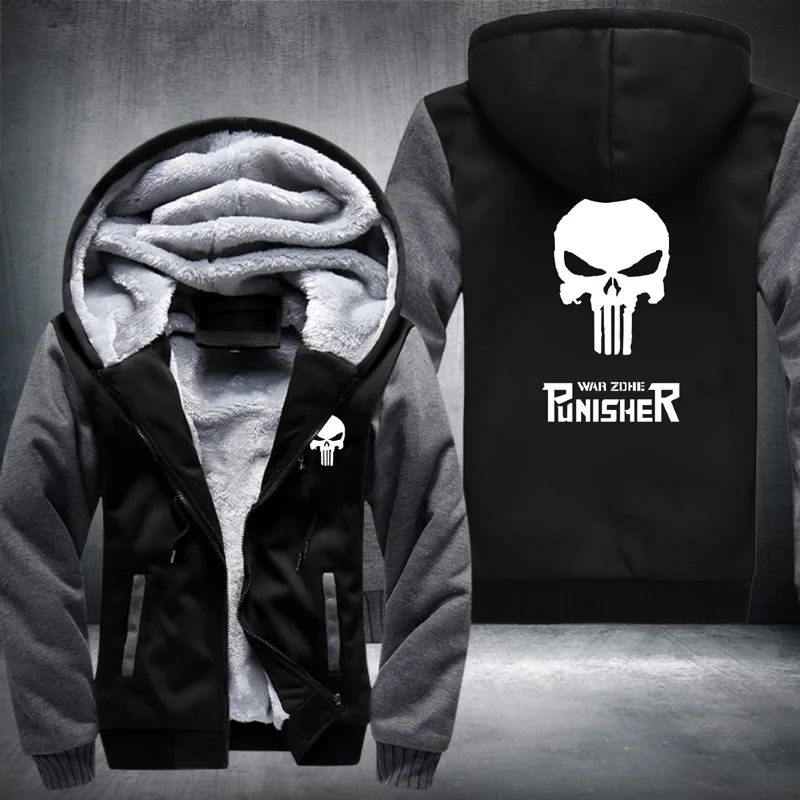 Punisher Skull Hoodie Fleece Jacket Zipper Coat Winter Warm Sweatshirt Cosplay 