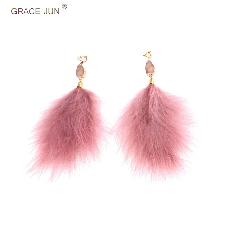 

GRACE JUN Hot Sale Large Real Feather Natural Stone Clip on Earrings for Women Long Elegant Pierced Earrings Factory Wholesale