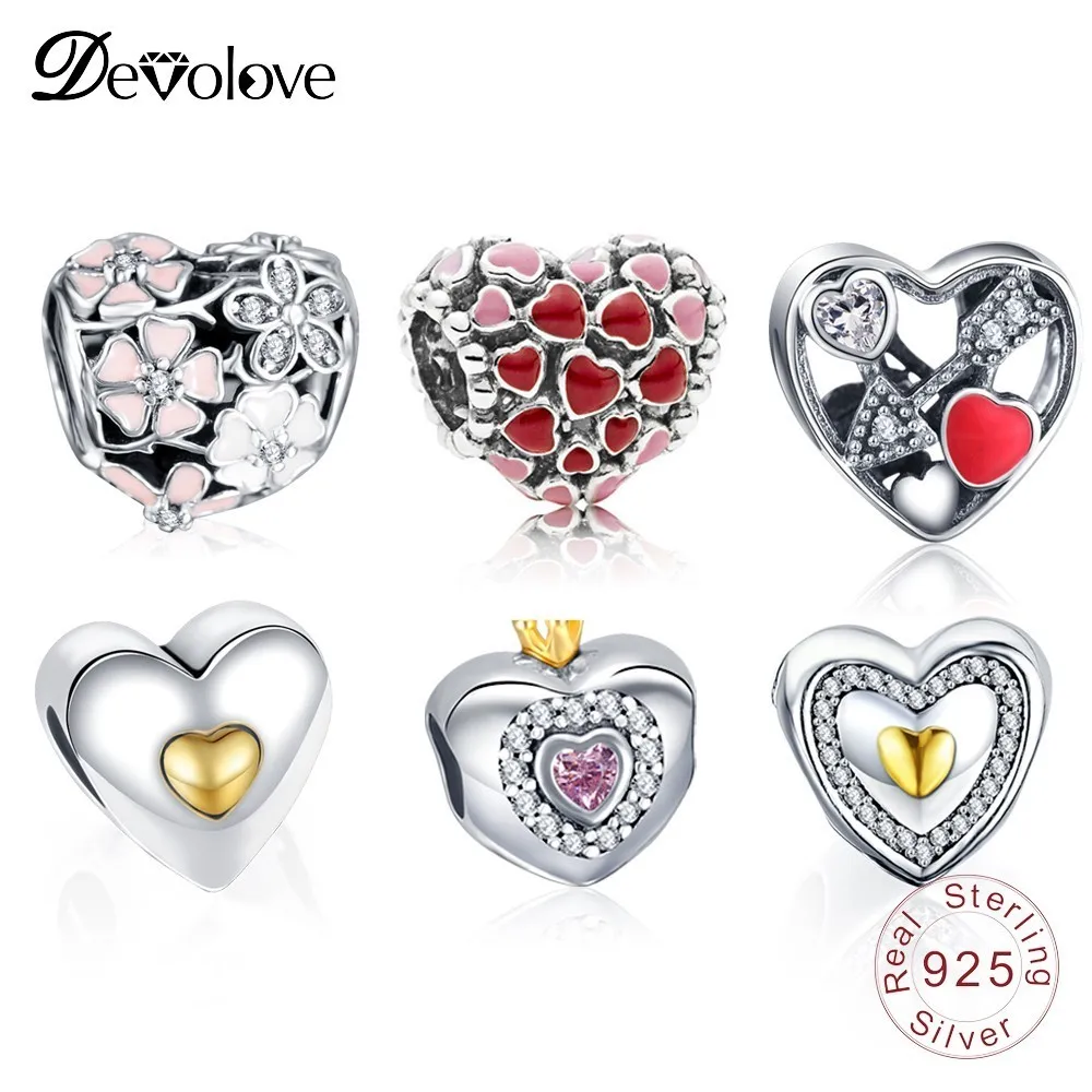 Devolove Аутентичные 925 пробы СЕРДЦЕ бусины Fit оригинальный серебряный браслет Pandora