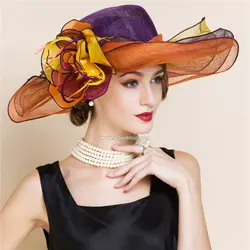 Оранжевый Фиолетовый Элегантный пляж шляпа Женщины белье широкополая свадебные шляпа сомбреро дамы chapeau femme fedora Кентукки Дерби шляпа