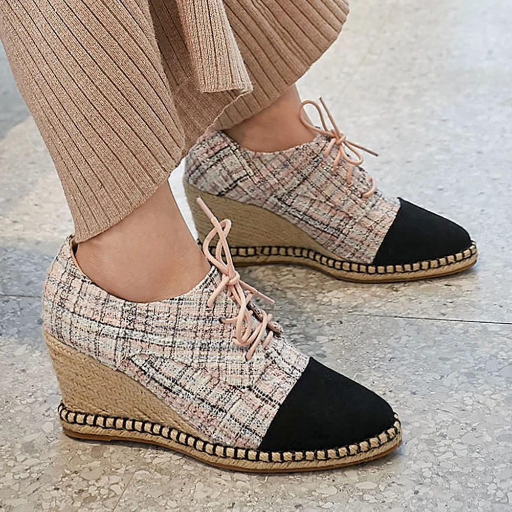 

Luxury Brand Design Straw Wedges Woman Shoes Lady Lace Up Elegant High Heels Office Lady Shoes Woman Pumps
