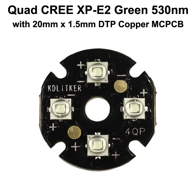 Quad Cree XP-E2 Green 530nm LED Emitter with KDLITKER 20mm x 1.5mm DTP Copper PCB (Parallel) w/ optics | Освещение