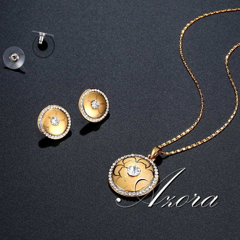 AZORA женский золотой цвет прозрачные Австрийские кристаллы цветочный узор Свадебный круглый кулон ожерелье набор серьги-гвоздики TG0261