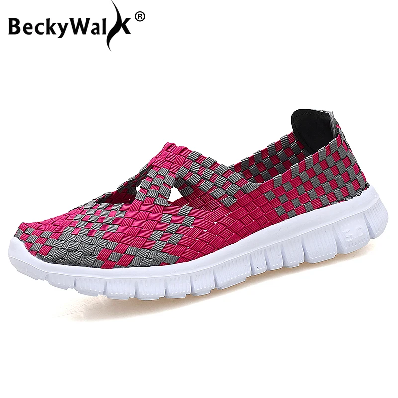 BeckyWalk летние женские плетеные туфли женская дышащая обувь для прогулок лоферы с