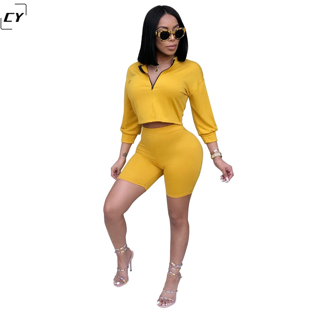 Color Yellow Womens Sets Two Piece Sets Crop Top Plus High Waist Shorts