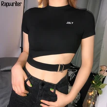 Rapwriter Harajuku Punk Style Hollow Out Waist Basic Black T-Shirt Women 2019 Summer Letter Printed Crop Top Korean Femme