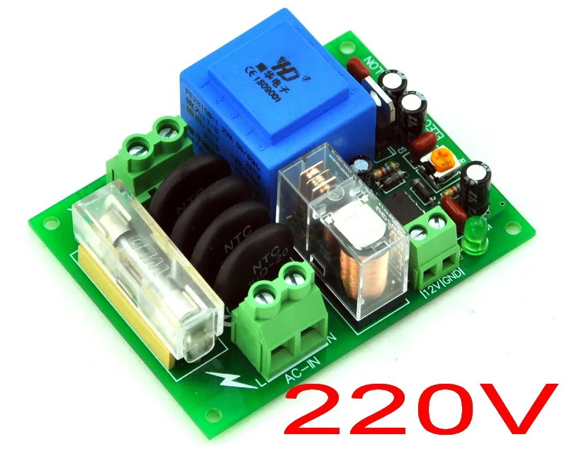 

220Vac Mains Power ON Delay Soft-start Protection Module, with 12 Vdc Regulator.